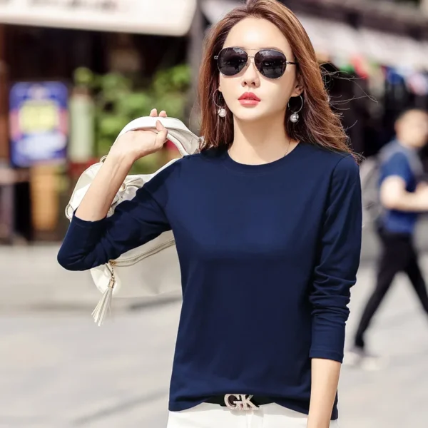 Woman Tshirts Solid Color Long-sleeved T-shirt Women's 2021 New Spring and Autumn Korean Women's Bottoming Shirt White Top - Image 3