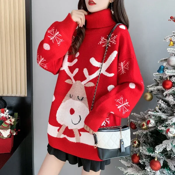 2022 New Year Christmas Clothing Women's Autumn Winter Turtleneck Sweater Fashion Red Plus Size Dresses T Shirt For Women Casual - Image 4