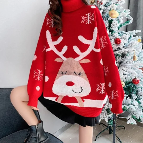 2022 New Year Christmas Clothing Women's Autumn Winter Turtleneck Sweater Fashion Red Plus Size Dresses T Shirt For Women Casual - Image 5