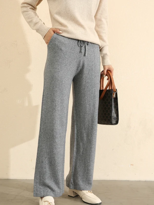 Women Pants 100% Pure Cashmere Knitted Wide Leg Pant 2021 Winter New Fashion Warm Long Trousers Female Leggings