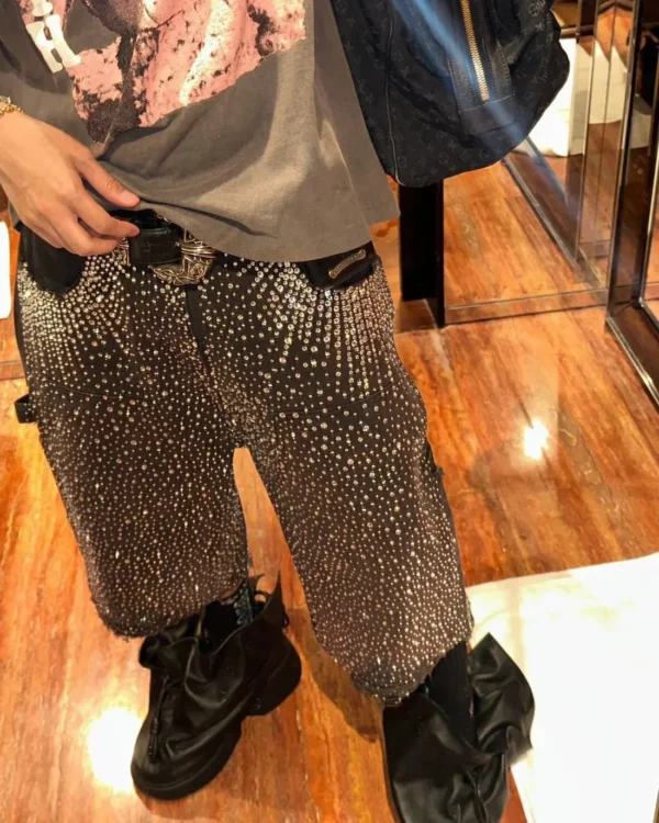 New Streetwear Twinkle Diamond Rivet Denim Shorts Harajuku Goth Retro Washed Brown Shorts High Waist Pants Mens Womens Clothing - Image 5