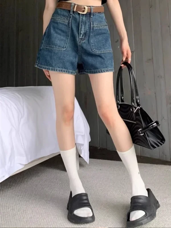 Women Western Style Vintage Wide Leg Shorts Pants Lady Loose Hot Pants Retro Blue Light Blue High Waisted A Line Short Jeans - Image 3