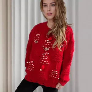 Christmas Sweater Women 2024 Korean Style O Neck Casual Loose Jumper Women Chic O Neck Peark Bow New Year Sweater Knitwear