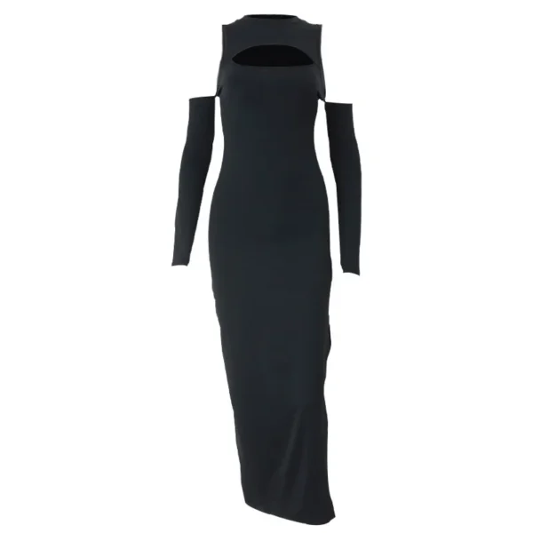 Xeemilo Elegant Hollowed Off Shoulder Maxi Dress Black Sexy Long Sleeve Split Dresses 2022 Women Slim Fitting Evening Party Robe - Image 6
