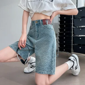 Women's Youthful Moustache Bermuda Denim Shorts, Y2K/2000s High-rise Jorts, knee-length Straight Jeans Shorts