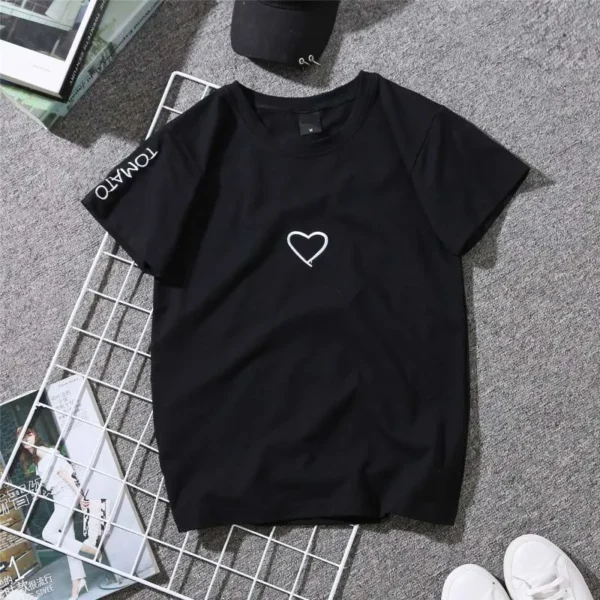 Fashion Harajuku Summer Heart Print T-Shirt for Women Black White Tops Tshirt Ladies Basic T Shirts Love Embroidery Female Tee - Image 3