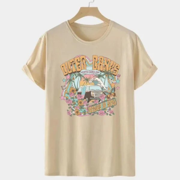 Casual Oversized Tee Surfing Outer Banks Graphic Tops Womens Retro Style T-Shirt Vacation Beach Shirt Short Sleeve Cotton Shirt - Image 3