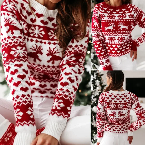 New Autumn Winter Knitted Sweater Women's Round Neck Pullover Christmas Elk Snowflake Long Sleeve Knitted Sweater - Image 2