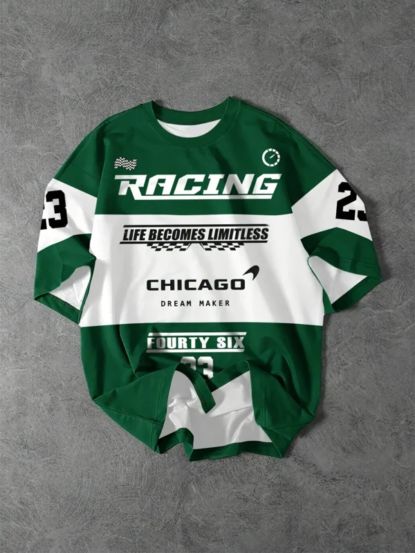 Men's Racing Theme Plaid Flag Pattern Letter Print T-shirt, Round Neck Short-sleeved T-shirt, Summer Outdoor Fashion - Image 3
