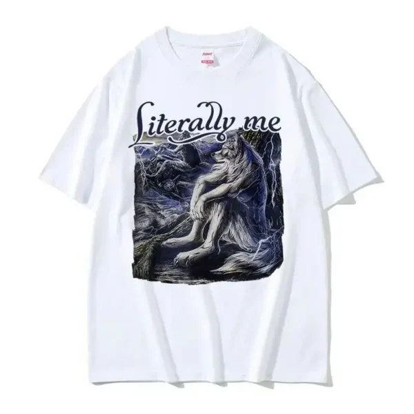Sitting Wolf Literally Me Funny Meme T Shirt Men Clothing Fashion Retro T Shirts Unisex Casual Cotton Oversized T-shirt Y2k - Image 2