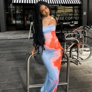 Sexy Strapless Print Tube Maxi Dress Women Off Shoulder Backless Stretch Long Sundress 2024 Summer Beach Y2K Clothes