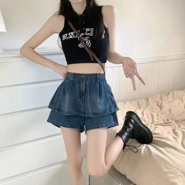 2024 Summer Ruffle Edge High Waist Slim Denim Shorts for Women's New Hong Kong Style Retro Design with Pleated Half Skirt Pants - Image 5