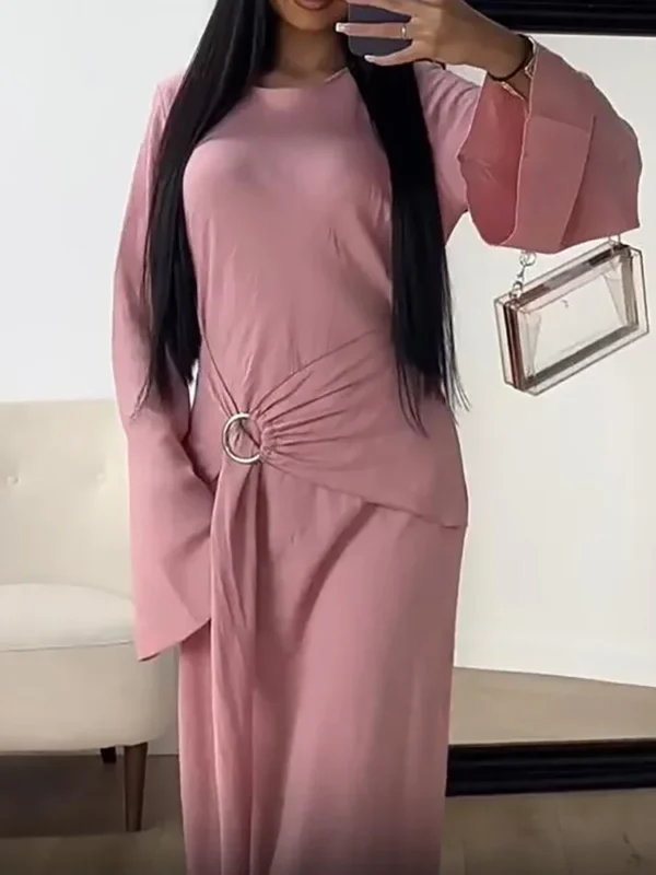 Lacing Up Patchwork Simple Maxi Dress, Women Autumn Long Sleeve Elegant Fashion Party Dress, 2024 O-Neck Solid Slim Ladies Dress - Image 5