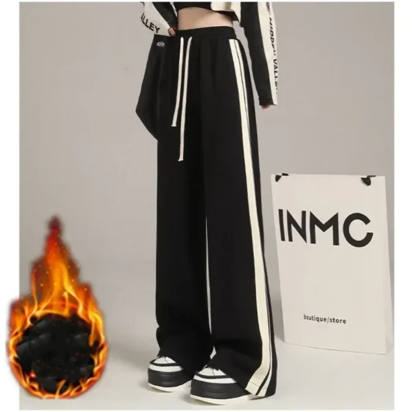 Casual Wide Leg Pants for Women Autumn Winter New Plush Thick Side Stripe Loose Fitting Black Versatile Floor Mop Trousers Trend - Image 2