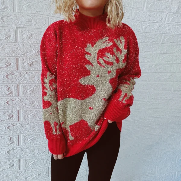 OMCHION Abrigo Mujer 2023 New Year Pullover Gold Thread Jacquard Big Snowflake Elk Christmas Sweater Female New Year Clothing - Image 3