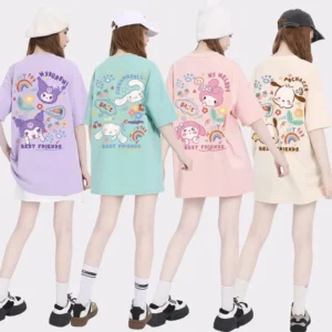 Sanrio My Melody New T-shirt Japanese Cartoon Kuromi Summer New Cinnamoroll Short Sleeved Round Neck Shirts for Women Y2k Top