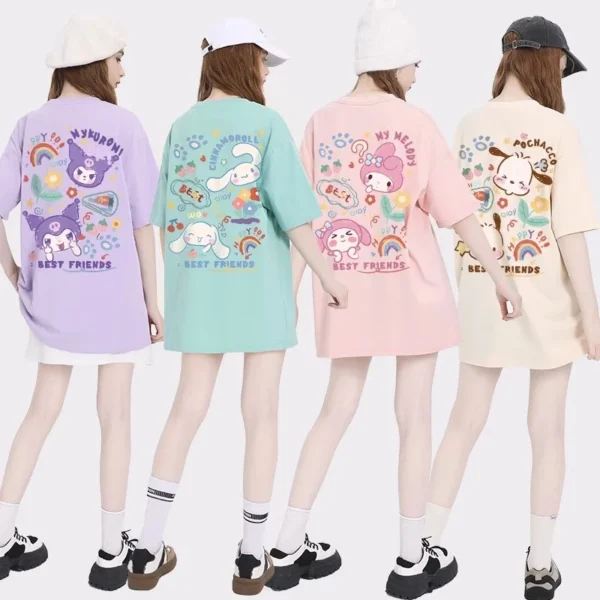 Sanrio My Melody New T-shirt Japanese Cartoon Kuromi Summer New Cinnamoroll Short Sleeved Round Neck Shirts for Women Y2k Top