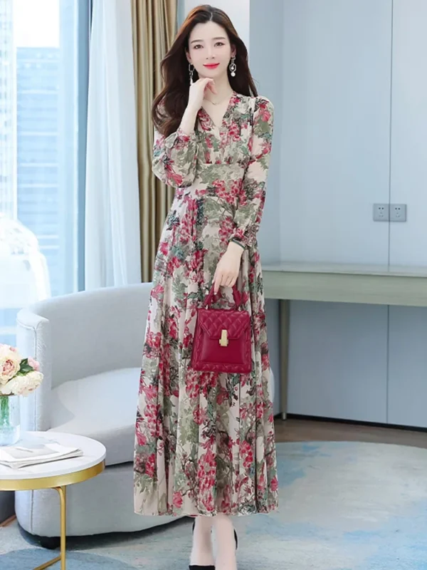 Women Spring Autumn Midi Casual Dress Beach Floral Chiffon Robe Chic Elegant Evening Dresses For Party Korean Fashion 2022 Maxi - Image 2