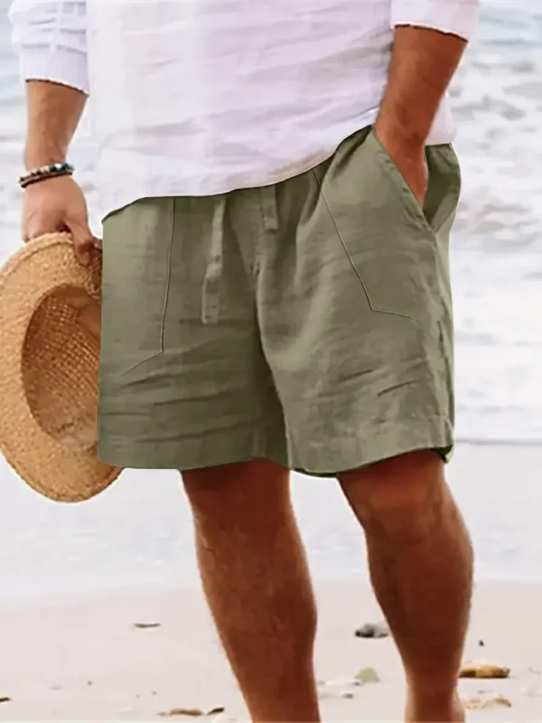 Men's summer cotton and linen shorts draw rope tight waist straight leg pure color breathable daily beach five casual pants - Image 5