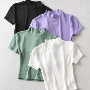 Women Rib Crop Top High Neck Fitted Tees Short Sleeve T-shirt