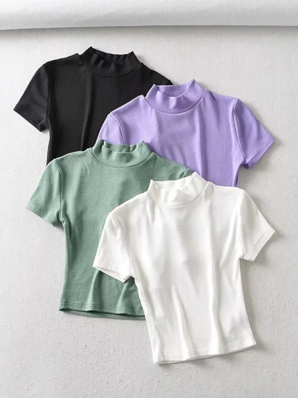 Women Rib Crop Top High Neck Fitted Tees Short Sleeve T-shirt