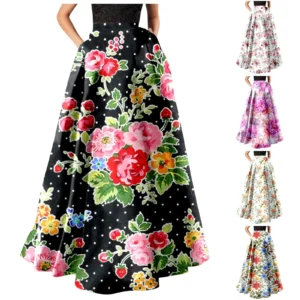 Women'S Elegant Dresses Outfits Women Bohemian Floral Print Maxi Skirt High Waist Pocket Party Beach Long Skirt Ropa Para Mujer