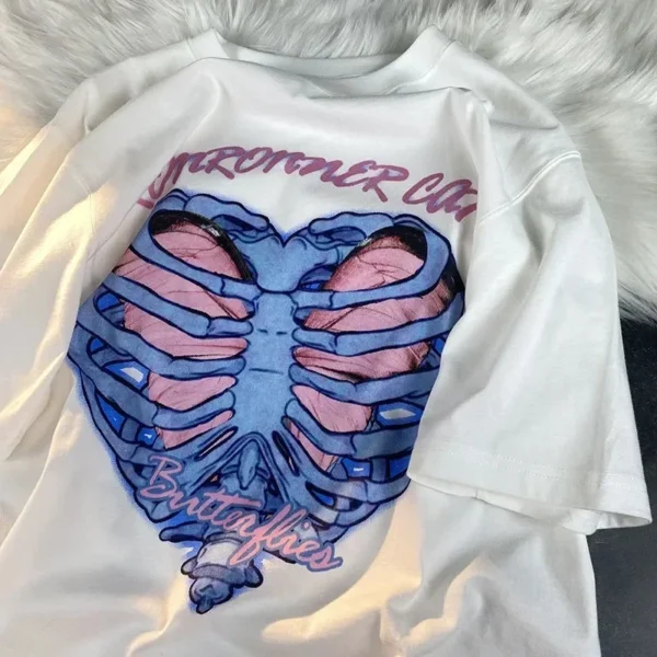 Harajuku Oversized Women's T-shirt Heart-shaped Skull Print T Shirt Short Sleeve Clothes O-neck Loose Streetwear Tops Y2K - Image 2