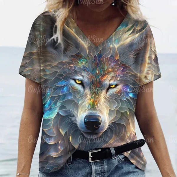 Summer Womens T-Shirt Short Sleeves Tops New V-Neck Clothing 3d Animal Print Pullover Tees Oversized Streetwear Female T-Shirts - Image 4