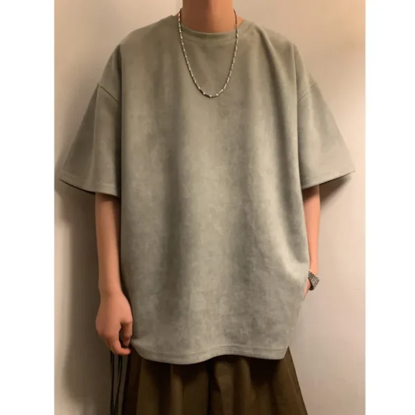 Suede T-shirt Men Oversized Fashion Solid Color Retro T Shirt Men Streetwear Summer Loose Short Sleeved T-shirt Mens Top M-3XL - Image 3