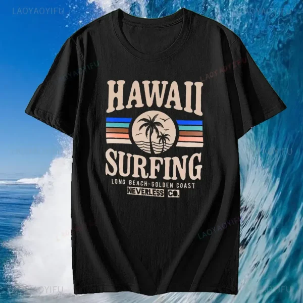 Mens Hawaii Surfing Cotton Short Sleeve for Men Tops Summer Beach Palm Print Fashion Street Style Cotton T-Shirt Clothes - Image 2
