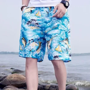 Men Summer Shorts Elastic Waist Tropical Tree Printed Beach Shorts Quick Drying Wide Leg Seaside Shorts
