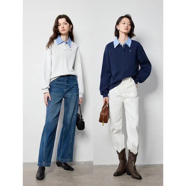 TOYOUTH Women Hoodies 2024 Autumn New Splicing Patchork Fake Two Pieces Turn Down Collar Pullover Sweatshirt Tops - Image 5