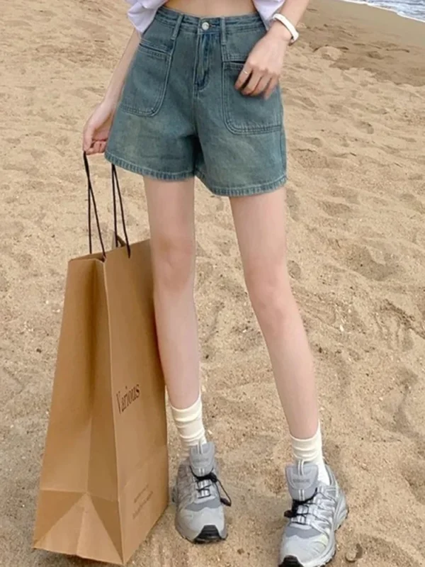 Women Western Style Vintage Wide Leg Shorts Pants Lady Loose Hot Pants Retro Blue Light Blue High Waisted A Line Short Jeans - Image 5