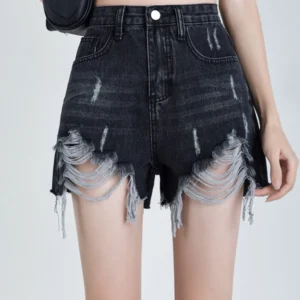 Women Summer Korean High Waisted Denim Ripped Shorts Pants Lady High Street A Line Hot Pants Female Black Grey Wide Leg Jeans