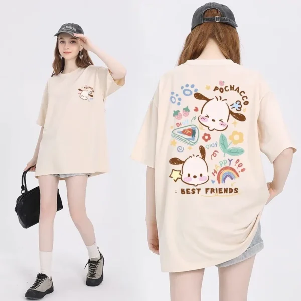 Sanrio My Melody New T-shirt Japanese Cartoon Kuromi Summer New Cinnamoroll Short Sleeved Round Neck Shirts for Women Y2k Top - Image 3