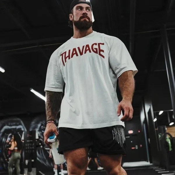 Fitness Thavage Shirt Men Running Sports Loose Oversized T-shirt Short Sleeve Cotton Summer Men's Bodybuilding Workout Top Men's - Image 2