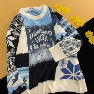 Men Autumn Winter Knitting Sweater O-neck Long Sleeve Christmas Snowflake Print Tops Twist Texture Thickened Retro Knitwear