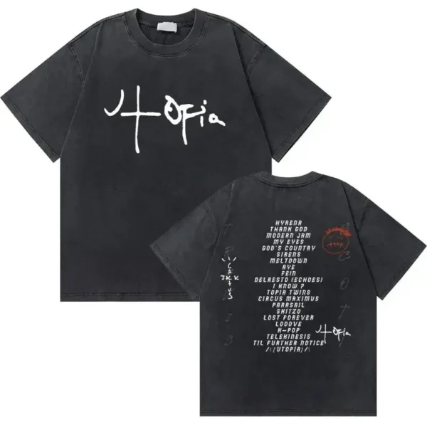 Washed Vintage Cactus Jack Utopia Double Sided Print Tshirt Men Hip Hop Oversized T-shirts Men's Fashion Tees Male Black T Shirt - Image 2