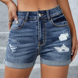 Women'S Denim Shorts Mid Waist Ripped Stretchy Jeans With Pockets Summer Pants Ladies Outdoor Hole Style Shorts Ropa De Mujer