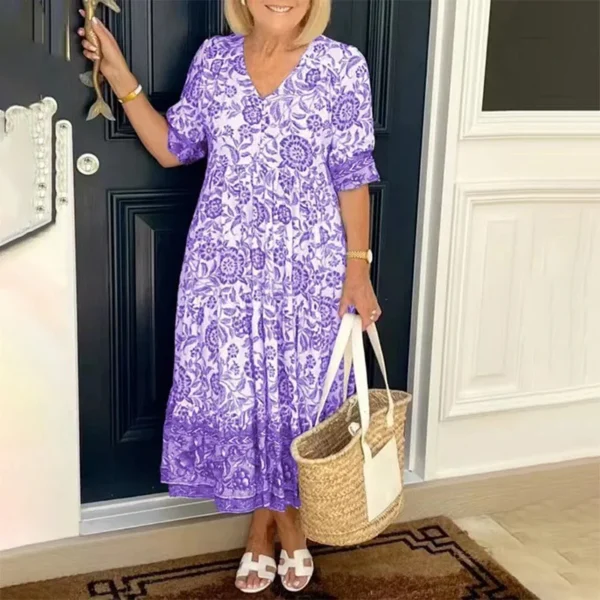 Elegant Women's Dresses 2024 Summer Casual Fashion Print V-Neck Loose Dress Retro Comfortable Maxi Dress Female Robe Vestidos - Image 2