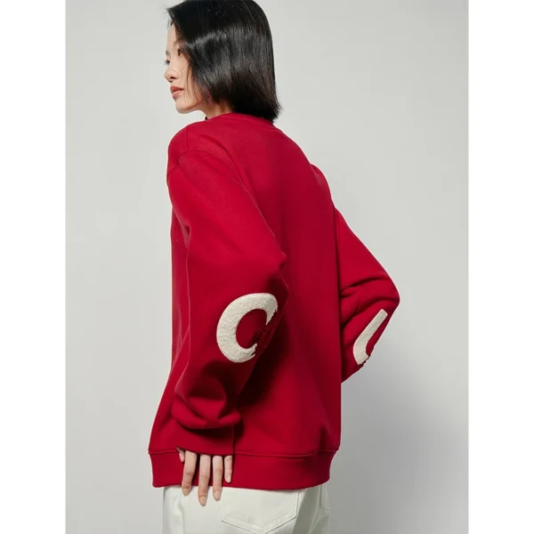 Toyouth Women Fleece Sweatshirt 2024 Autumn Long Sleeve O Neck Loose Hoodies Exquisite Embroidery Casual Chic Red Clothes Tops - Image 3