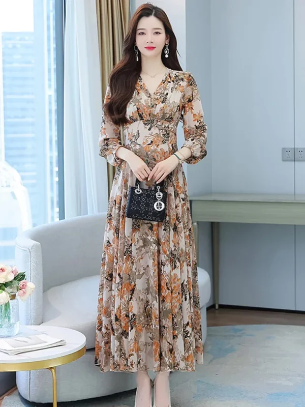 Women Spring Autumn Midi Casual Dress Beach Floral Chiffon Robe Chic Elegant Evening Dresses For Party Korean Fashion 2022 Maxi - Image 5