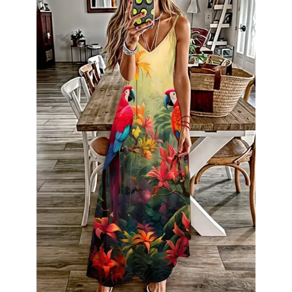 Summer Maxi Dress 2024 Retro Owl Print Suspender Dress Hawaiian Beach Resort Style Adjustable Button Sleeveless Backless Dresses - Image 2