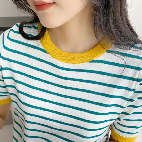 Short Sleeve T-shirts Women Striped Basic Chic Simple All-match Harajuku Retro Cotton O-neck Trendy Loose Leisure Cozy Womens - Image 6