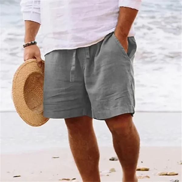 Men's summer cotton and linen shorts draw rope tight waist straight leg pure color breathable daily beach five casual pants - Image 6