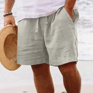 Men's summer cotton and linen shorts draw rope tight waist straight leg pure color breathable daily beach five casual pants