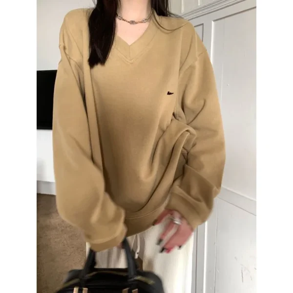 Sweatshirt Women's Lazy Style Retro Simple V-neck Pullover Loose Top Autumn Winter Fashionable Versatile Plus Size Clothing - Image 2