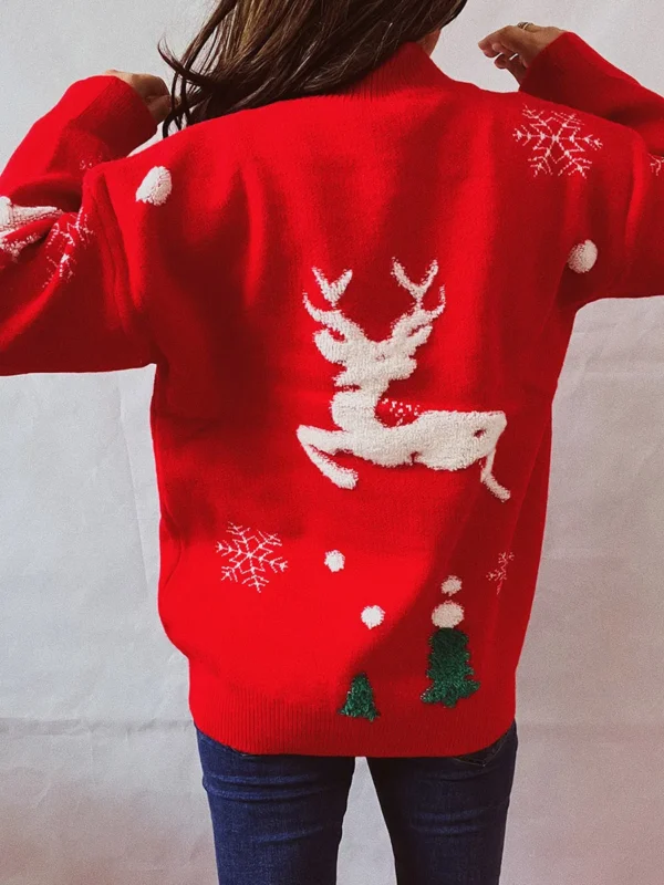 Women's Christmas Tree Fawn Knit Sweater Women's Elk Pattern Small Turtleneck Long Sleeve Knit Winter Wear Red/Black S/M/L/XL - Image 3