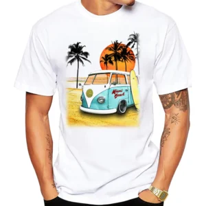AMEITTE Miami Beach Scene Cars Men T Shirt Graphic Vintage Beach Bus Surf Sport Cloth Retro Surfing Board Tops SUP Fans Boy Tees