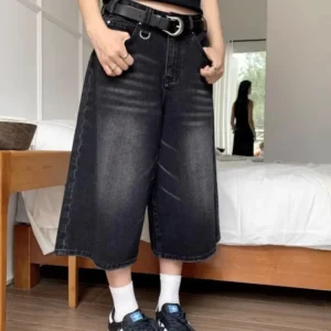 Harajuku Vintage High Waist Black Retro Washed Denim Shorts Women's Fashion Casual Loose Fit Y2K Streetwear Mid Long Short